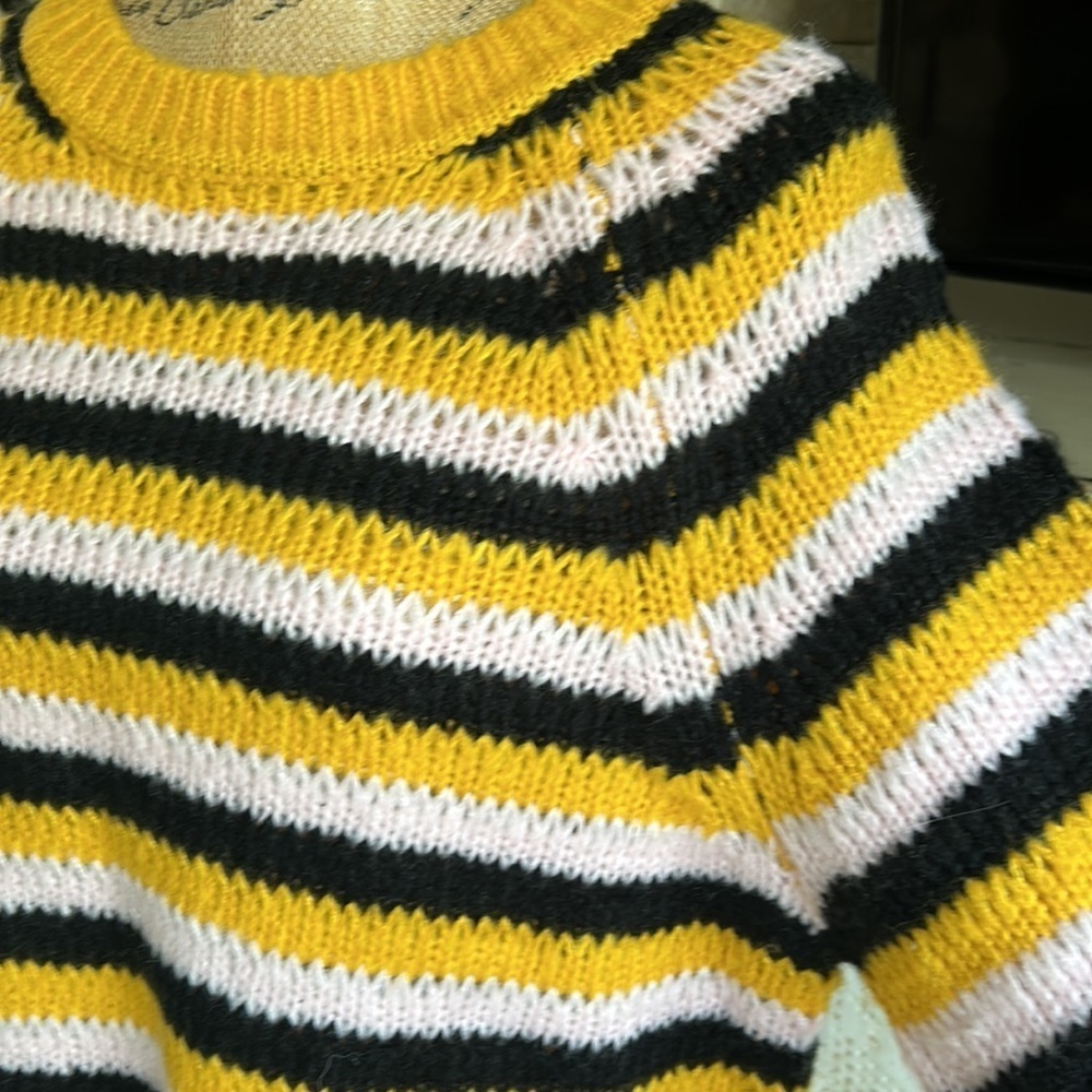 Lovers + Friends black gold pink stripe crew neck open knit sweater - Picture 5 of 16